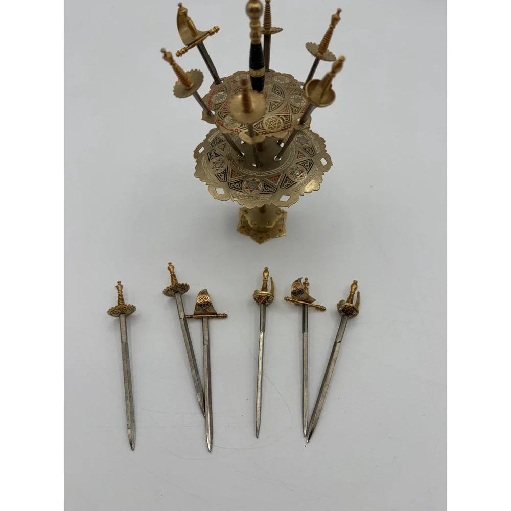 Vintage Toledo Spain Appetizer Swords Set of 12 Brass Cocktail Picks Stand